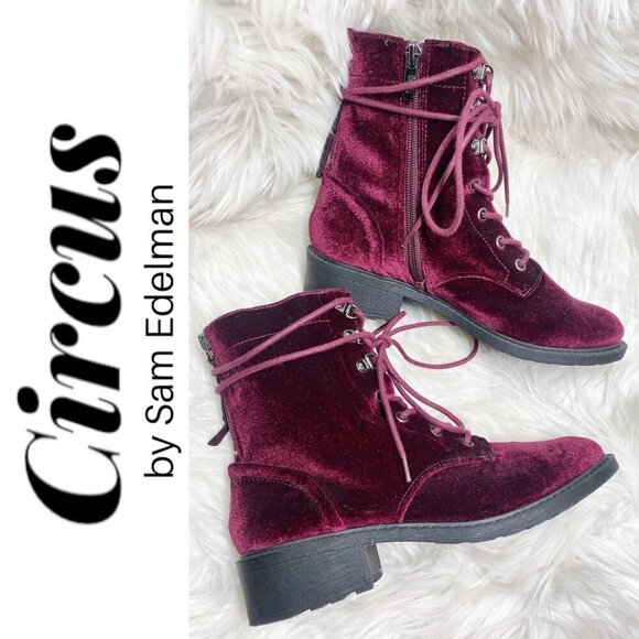 CIRCUS BY SAM EDELMAN Dawson Red Velvet Studded Combat Boot, Size 7 - Picture 1 of 14